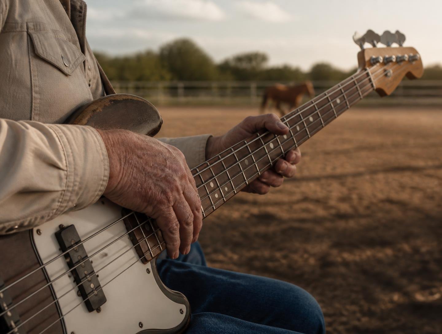 A musician’s hands resting on a bass guitar beside a horse arena